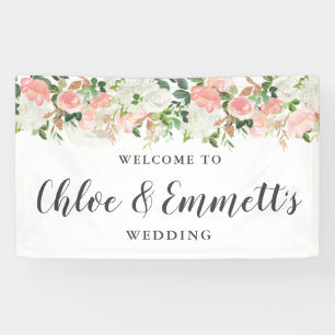 Lona Banner rustico de Boda floral rosa y blanco