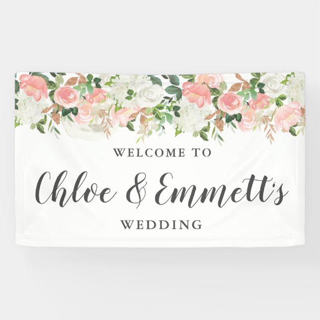 Lona Banner rustico de Boda floral rosa y blanco (Horizontal)