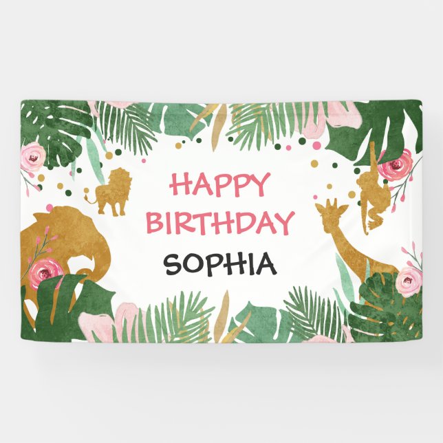 Lona Banner salvaje de un cumpleaños Safari Jungle Anim (Horizontal)