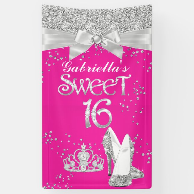 Lona Banner Sparkle Tiara Heels Sweet 16 Hot Pink (Vertical)