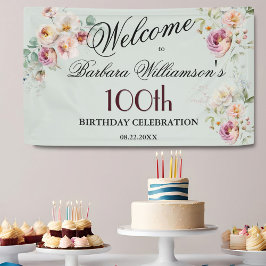 Lona Banner Watercolor Floral 100th Birthday Welcome 