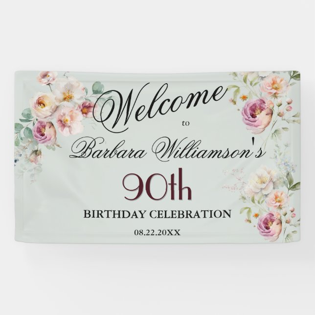 Lona Banner Watercolor Floral 90th Birthday Welcome  (Horizontal)