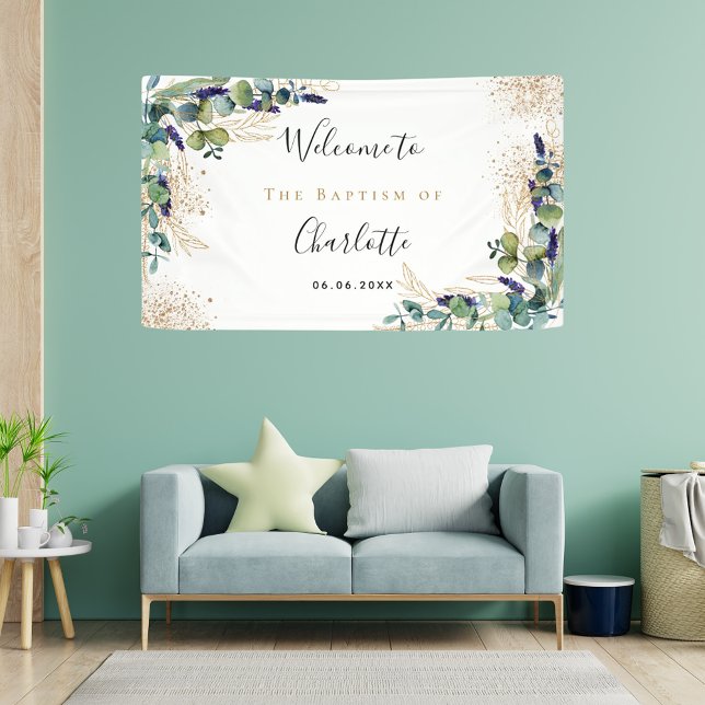 Lona Baptism eucalipto verde dorado elegante bienvenida (Subido por el creador)