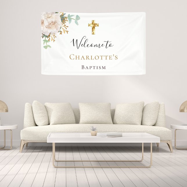 Lona Baptismo eucalipto cruz de oro floral blanca bienv (Subido por el creador)