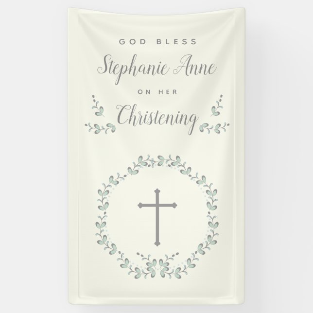 Lona Baptismo Leaf azul y verde Wreath (Vertical)