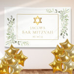 Lona Bar Mitzvah Bat Mitzvah Greenery Celebración<br><div class="desc">Con delicadas hojas de acuarela y una elegante estrella dorada de David,  este banner de Bar Mitzvah o Bar Mitzvah de moda puede ser personalizado con sus detalles especiales para eventos. Diseñado por Thisisnotme©</div>