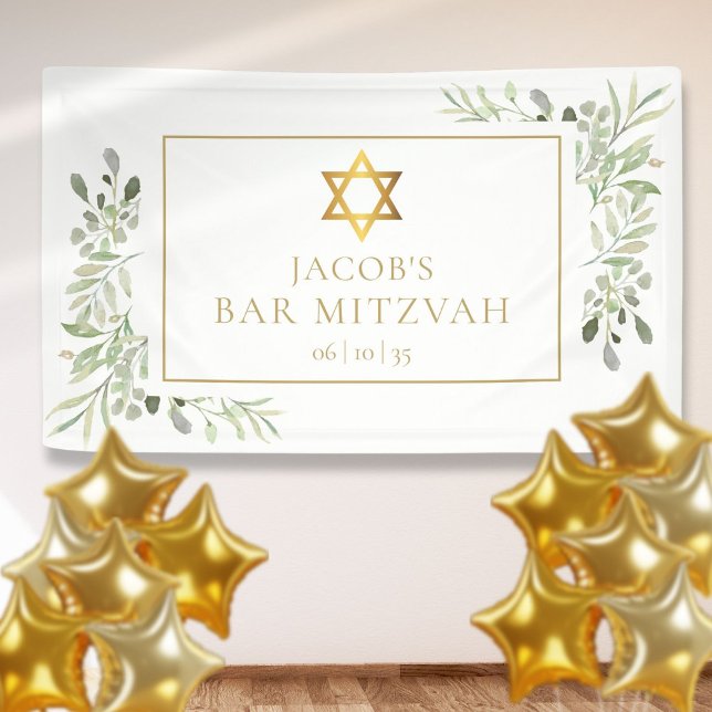 Lona Bar Mitzvah Bat Mitzvah Greenery Celebración (Bar Mitzvah Bat Mitzvah Greenery Celebration Banner)