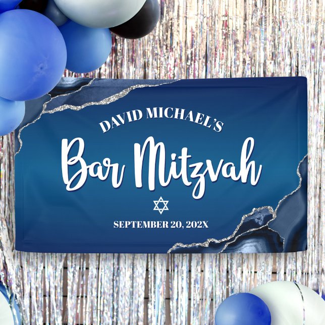 Lona Bar Mitzvah Modern Navy Blue Ombre Agate Script (Subido por el creador)