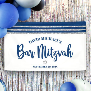 Lona Bar Mitzvah Moderno Azul Marino Plata Tallit Escri