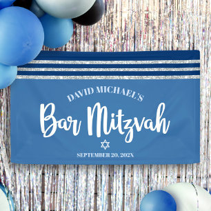Lona Bar Mitzvah Moderno Talit Azul Plateado Alto con L