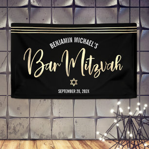 Lona Bar Mitzvah Negro Oro Hoja Script Tallit Moderno