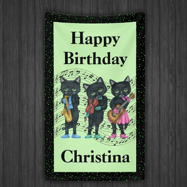 Lona Bar musical de instrumentos para músicos de gato n (Black cat musicians playing instrument on music note bars green black border Happy Birthday Banner.)