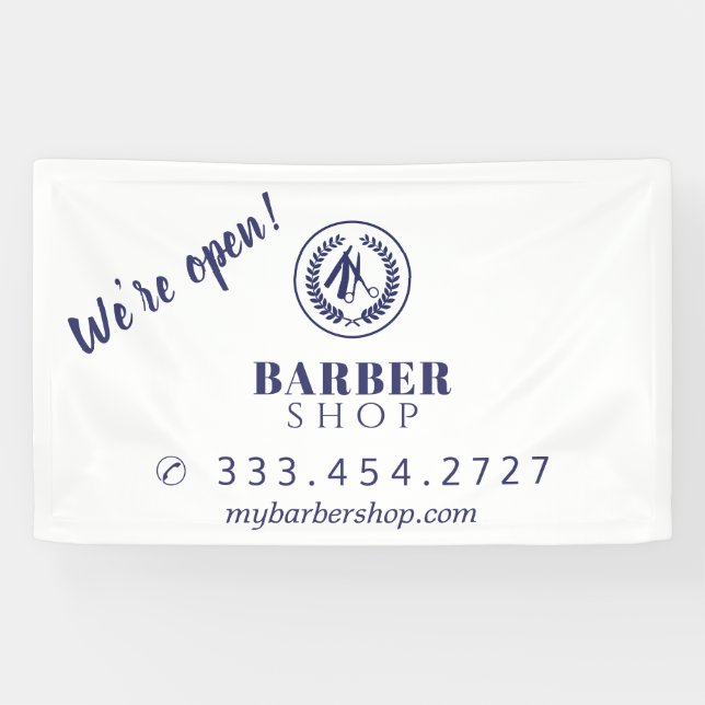 Lona Barbería simple publicidad del logotipo azul moder (Horizontal)