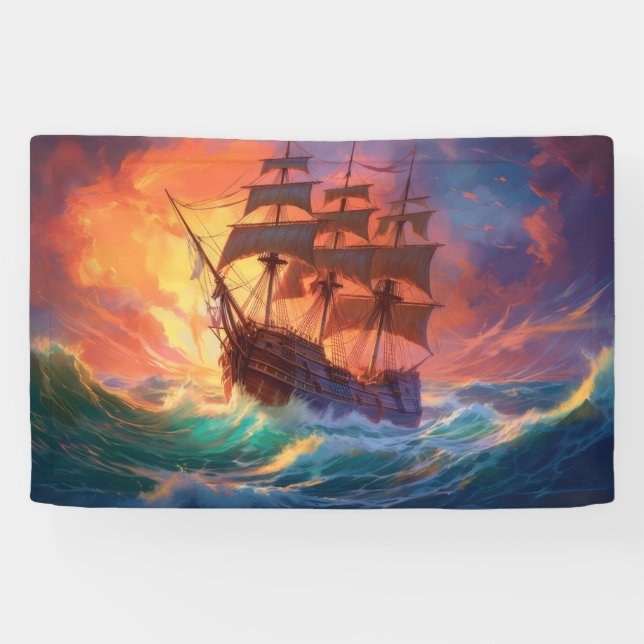 Lona Barco De Navegación En El Mar De Tormenta (Horizontal)