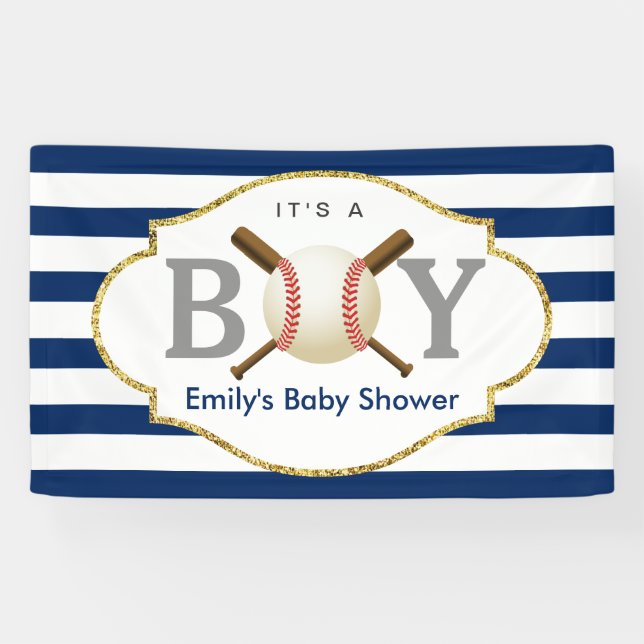 Lona Baseball Boy Navy Blue Stripes Baby Shower (Horizontal)