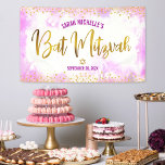 Lona Bat Mitzvah acuarela rosa escritura femenina con l<br><div class="desc">¡Siéntete orgulloso, regocíjate y muestra este hito de tu Bat Mitzvah favorita! Cuelga este estandarte personalizado, moderno y elegante para agregar a su día especial. La caligrafía brillante de falso foil dorado y los puntos de brillo se superponen a un suave fondo de acuarela rosa. Personaliza el texto personalizado con...</div>