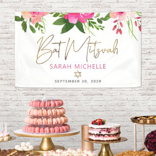 Lona Bat Mitzvah Acuarela Rosa Floral Escritura Dorada