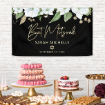 Lona Bat Mitzvah Black Gold Script Watercolor Floral<br><div class="desc">¡Estén orgullosos, regocijaos y exhiban este hito de su Bat Mitzvah favorito! Cuelga este impresionante banner moderno, elegante y personalizado para añadir a su día especial. Una moda, impresionante, blanca y dorada purpurina acuarela floral con tipografía de escritura de Relieve metalizado de oro falso y tipo de serif de san...</div>