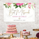 Lona Bat Mitzvah color de agua rosa Floral dorado guión<br><div class="desc">¡Encantado de dar la bienvenida a cada huésped del fiesta Bat Mitzvah de su hija! Cuelga este impresionante banner moderno, elegante y personalizado para añadir a su día especial. Una acuarela floral de moda, impresionante, rosa y melocotón con una tipografía de Relieve metalizado dorado falso, Estrella de David y rosa...</div>