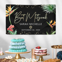 Bat Mitzvah Hoja de Palma Tropical Negro Dorado Bi