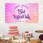 Lona Bat Mitzvah Negrita Retro Boho Gradiente Rosa Nara<br><div class="desc">¡Siéntete orgulloso, regocíjate y muestra este hito de tu Bat Mitzvah favorita! Cuelga esta pancarta personalizada boho, retro, para agregar a su día especial. Divertida, trendy, tipografía audaz en rosa oscuro y púrpura con tipografía sans serif moderna superpuesta sobre un fondo de rayos gradientes de color naranja claro y rosa...</div>