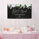 Lona Bat Mitzvah Negro Plata Escritura Acuarela Floral<br><div class="desc">¡Estén orgullosos, alégrense y muestren este hito de su Bat Mitzvah favorita! Cuelguen esta impresionante, moderna, elegante y personalizada pancarta para agregar a su día especial. Un chic, impresionante, floral de acuarela blanco y falso glitter plateado, un texto manuscrito con falso foil plateado y tipografía sans serif blanca sobre un...</div>