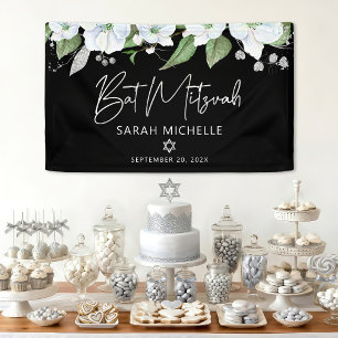 Lona Bat Mitzvah Negro Plateado Escritura Acuarela Flor