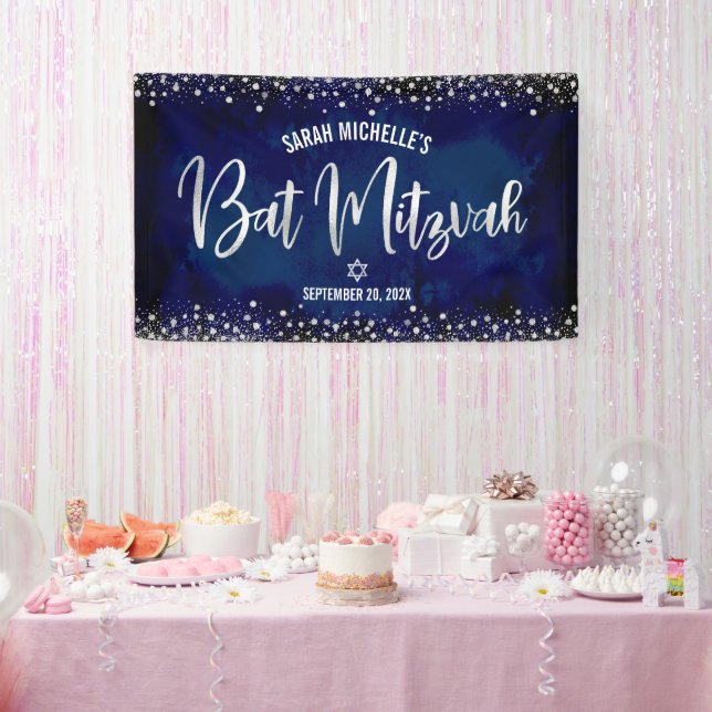 Lona Bat Mitzvah Plata Marina Glitter Foil Moderno Scri (Fiesta)