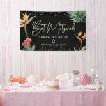 Lona Bat Mitzvah Tropical Palm Leaf Black Gold Bienveni<br><div class="desc">¡Estén orgullosos, regocijaos y exhiban este hito de su Bat Mitzvah favorito! Cuelga este impresionante banner moderno, elegante y personalizado para añadir a su día especial. Elegantes, impresionantes, coloridas, aves acuáticas tropicales de flores del paraíso, escritura manuscrita de oro falsa, puntos Star of David y purpurinas, junto con modernos sans...</div>