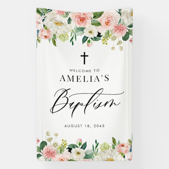 Lona Bautismo acuarela blanco y floral de Rubor (Vertical)
