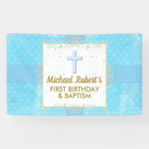 Lona Bautismo Cumpleaños 1er Niño Azul Dorado Texto Lun