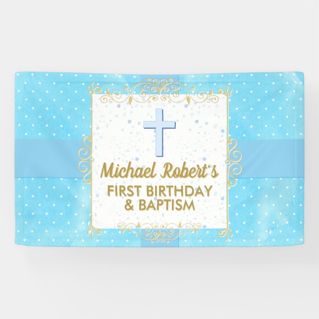 Lona Bautismo Cumpleaños 1er Niño Azul Dorado Texto Lun (Horizontal)