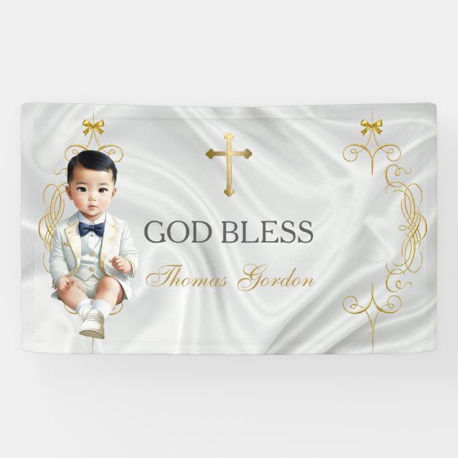 Lona Bautizo de bebé asiático varón oro (Horizontal)