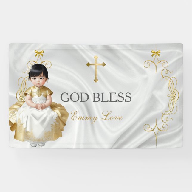Lona Bautizo de niña asiática en oro (Horizontal)