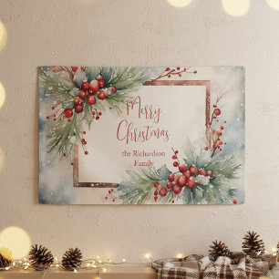 Lona Bayas Elegantes de Invierno Acuarela Pinos Navidad