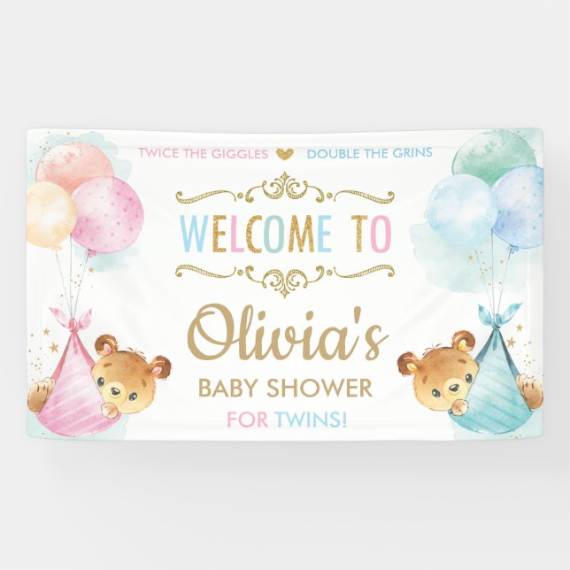 Lona Bears Twins Boy Chica Baby Shower Bienvenida (Horizontal)