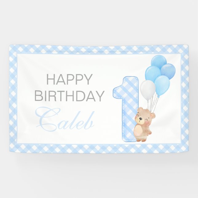 Lona Beary First Teddy Bear Blue gingham Birthday Party (Horizontal)