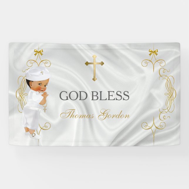 Lona Bebé Baptism Christening Gold Cross Banner (Horizontal)