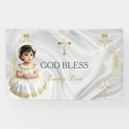 Lona Bebé Baptismo Christening Gold Cross Banner