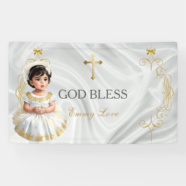 Lona Bebé Baptismo Christening Gold Cross Banner (Horizontal)
