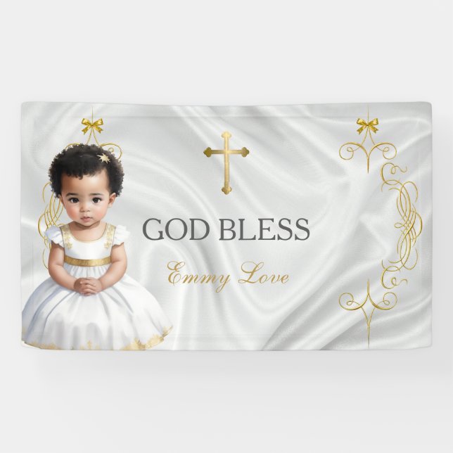 Lona Bebé Baptismo Christening Gold Cross Banner (Horizontal)