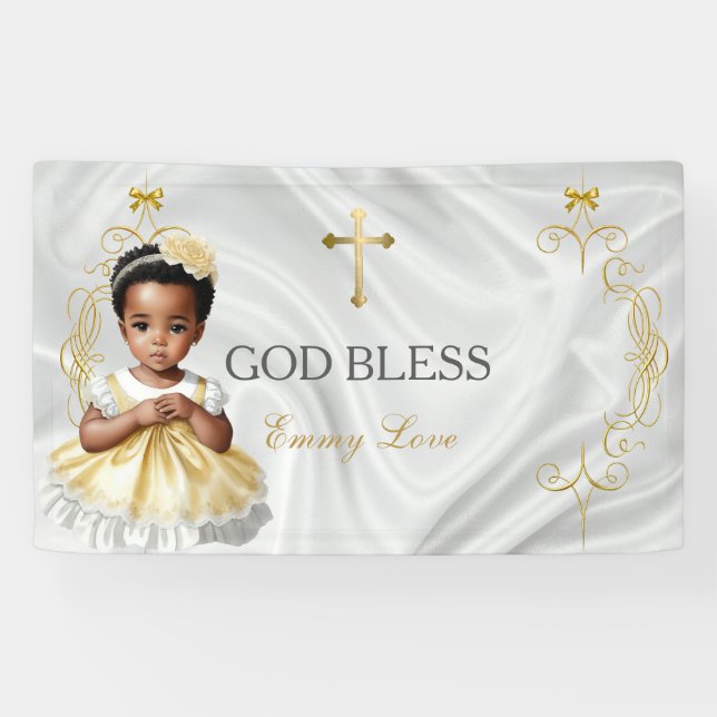 Lona Bebé Baptismo Christening Gold Cross Banner (Horizontal)