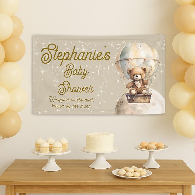 Lona Bebé de peluche sobre la luna: Baby Shower de géne (Over the moon teddy bear / hot air balloon gender neutral baby shower banner)