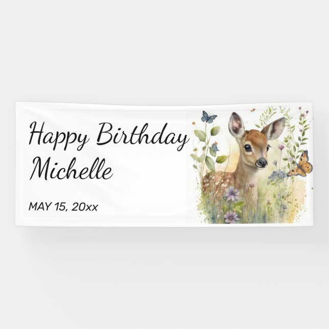 Lona Bebé Deer Mariposa Foliage Floral Happy Birday (Horizontal)