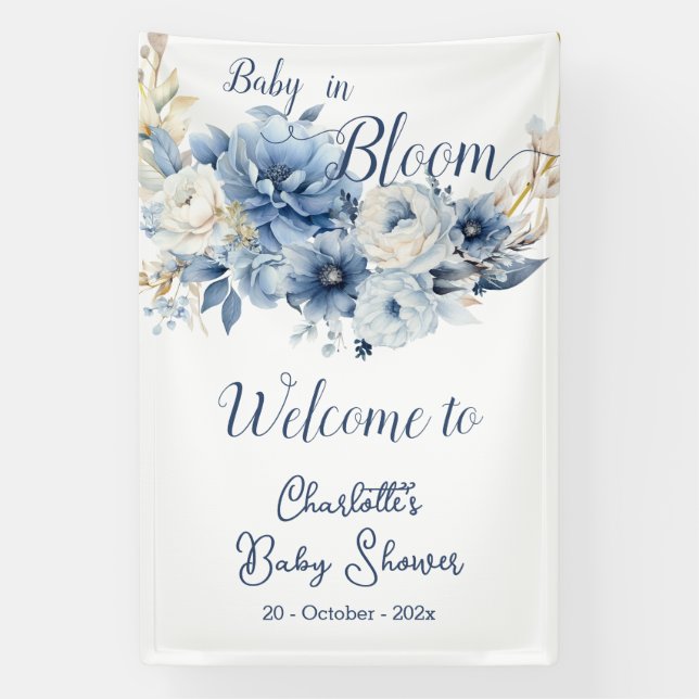 Lona Bebé En Bloom Elegante Flores Azules Baby Shower (Vertical)
