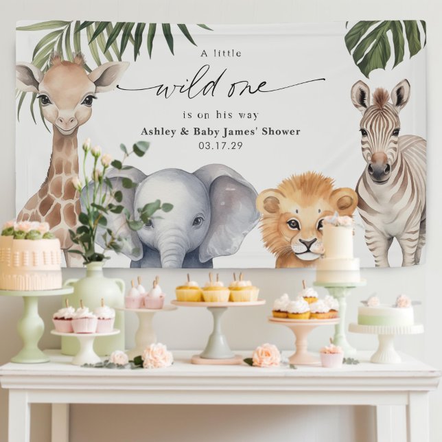 Lona Bebé Niño salvaje Un safari Animales Sombreado (Wild One Safari Animals Baby Boy Shower Party Backdrop decor.)