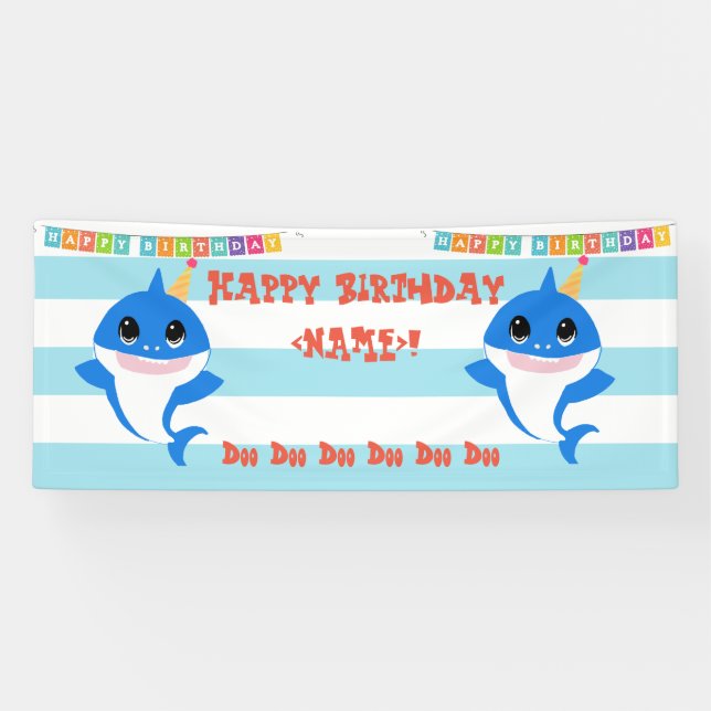 Lona Bebé Shark con cumpleaños personalizado (Horizontal)