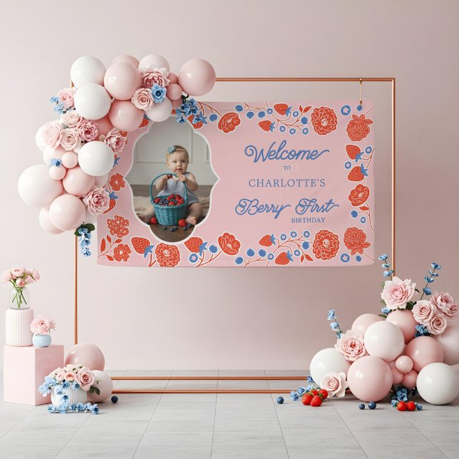 Lona Berry First Birday Cute Strawberry Welcome Photo (Berry First Birthday Cute Strawberry Welcome Photo Banner)