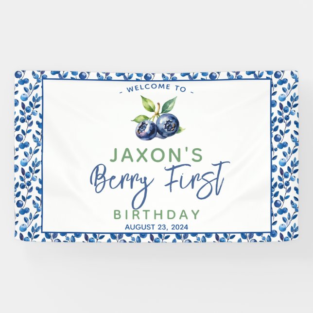 Lona Berry First Blueberry Primer Fiesta de cumpleaños (Horizontal)