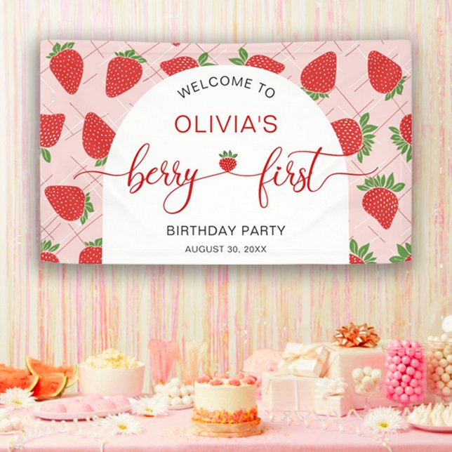 Lona Berry First Strawberry Primer Fiesta de cumpleaños (Berry First Strawberry 1st Birthday Party Banner)